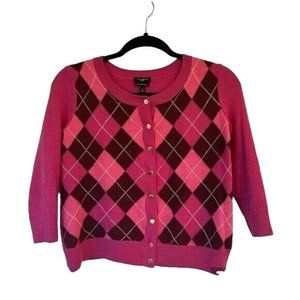 TALBOTS 100% Pure Merino Wool Argyle Button Up Cardigan Petite 3/4 Sleeve Pink